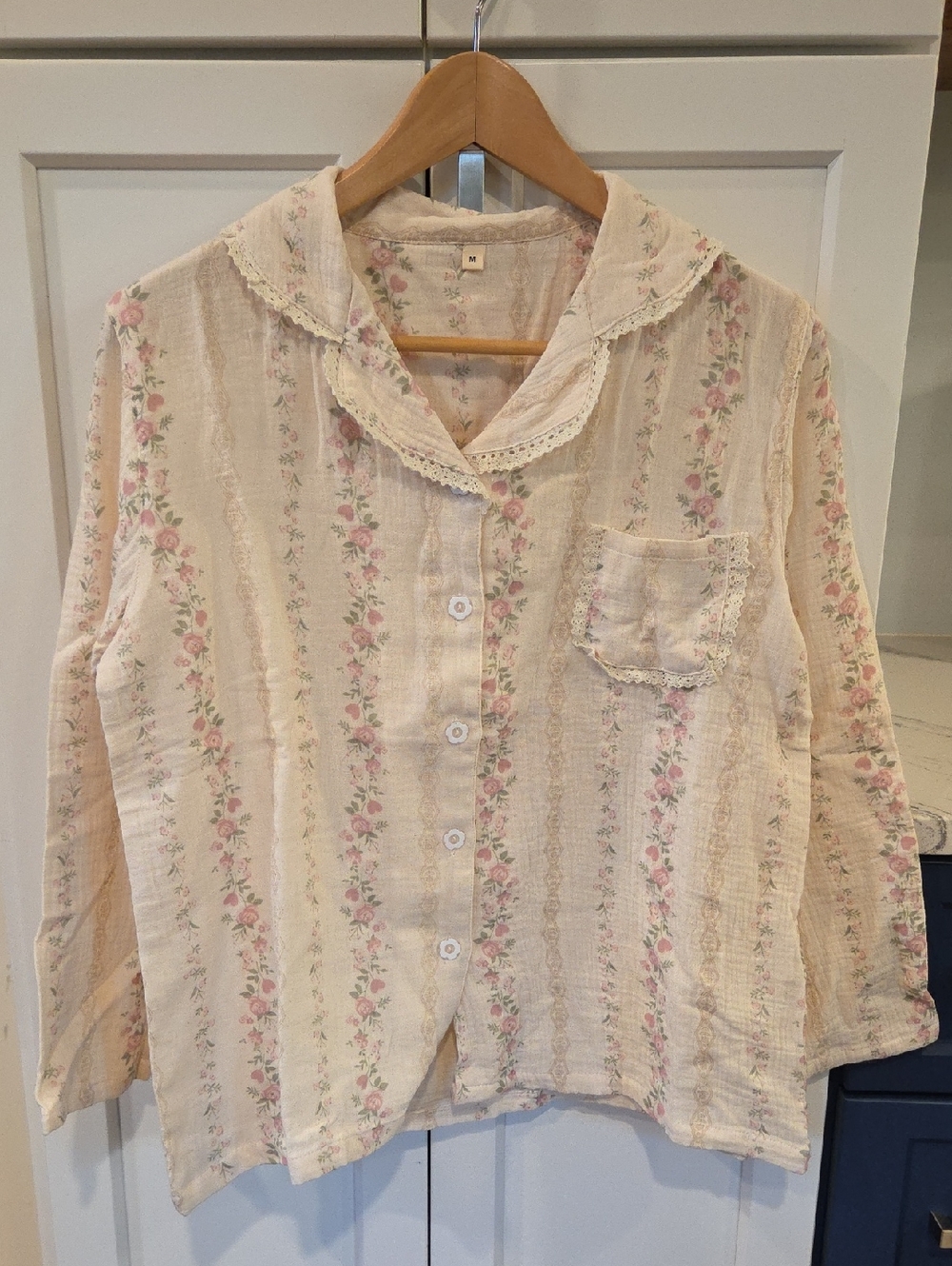 Cream Floral Button-Up Top with Lace Trim